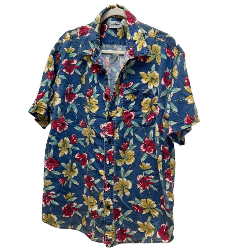 L.L. Bean vintage blue tropical Hawaiian flower shirt XL
